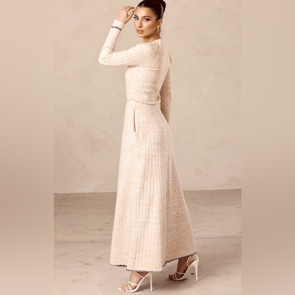 Veiled Collection Oatmeal Knit Ribbed Circle Maxi Skirt